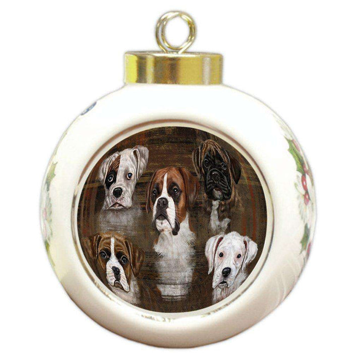 Rustic 5 Boxers Dog Round Ball Christmas Ornament RBPOR48190