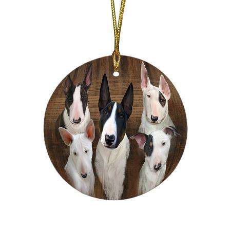 Rustic 5 Bull Terriers Dog Round Flat Christmas Ornament RFPOR49444