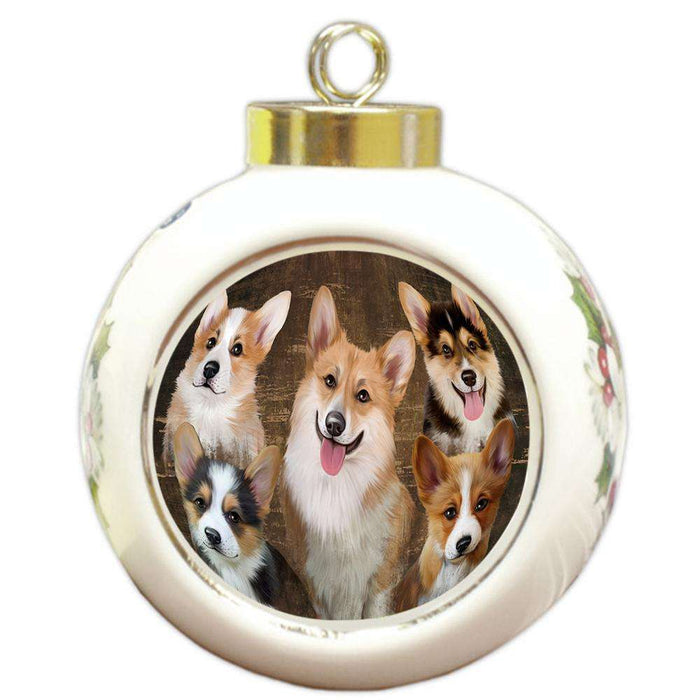 Rustic 5 Corgis Dog Round Ball Christmas Ornament RBPOR49458