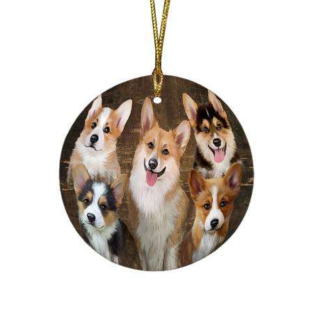 Rustic 5 Corgis Dog Round Flat Christmas Ornament RFPOR49449
