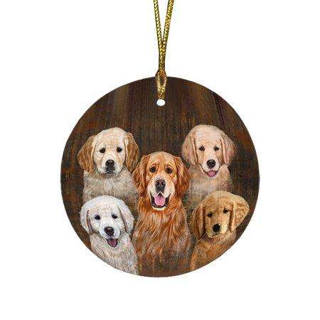 Rustic 5 Golden Retrievers Dog Round Christmas Ornament RFPOR48235