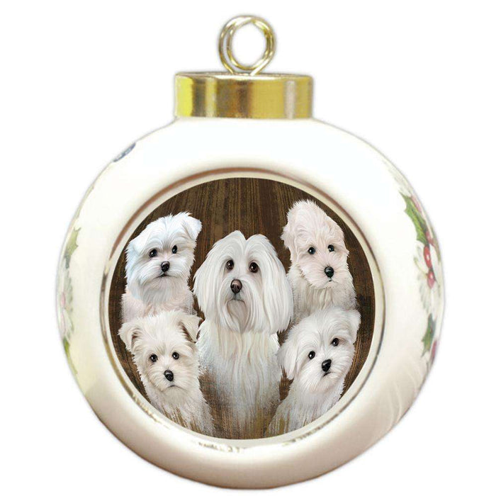 Rustic 5 Malteses Dog Round Ball Christmas Ornament RBPOR49463