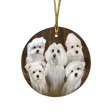 Rustic 5 Malteses Dog Round Flat Christmas Ornament RFPOR49454