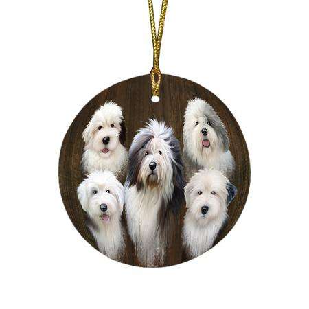 Rustic 5 Old English Sheepdogs Round Flat Christmas Ornament RFPOR49455