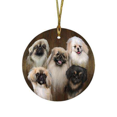 Rustic 5 Pekingeses Dog Round Flat Christmas Ornament RFPOR49456