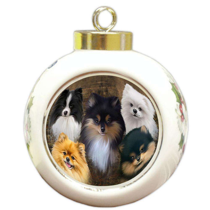 Rustic 5 Pomeranians Dog Round Ball Christmas Ornament RBPOR50288