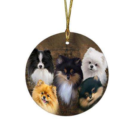 Rustic 5 Pomeranians Dog Round Flat Christmas Ornament RFPOR50279
