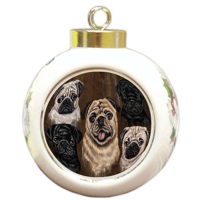 Rustic 5 Pug Dog Round Ball Christmas Ornament RBPOR54143