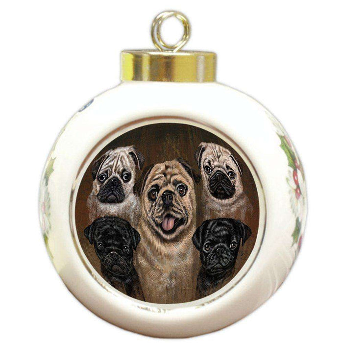 Rustic 5 Pugs Dog Round Ball Christmas Ornament RBPOR48256