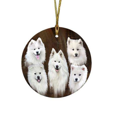 Rustic 5 Samoyed Dog Round Flat Christmas Ornament RFPOR54137