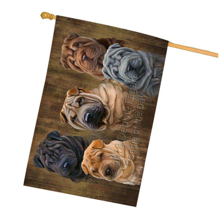 Rustic 5 Shar Peis Dog House Flag FLGA49530