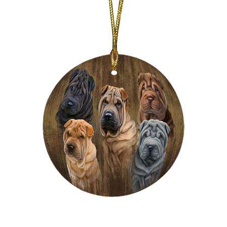 Rustic 5 Shar Peis Dog Round Flat Christmas Ornament RFPOR49460