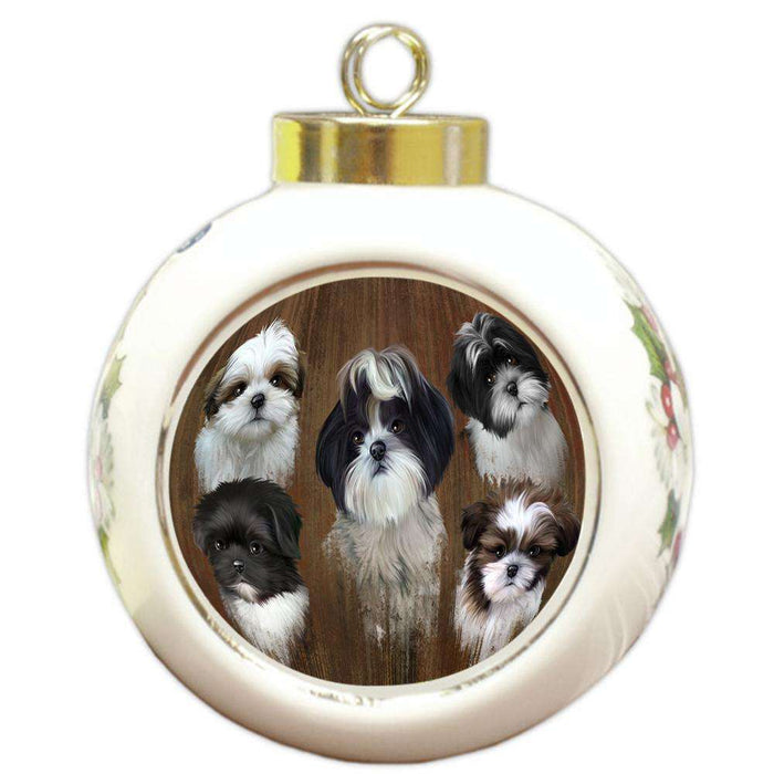Rustic 5 Shih Tzus Dog Round Ball Christmas Ornament RBPOR49470