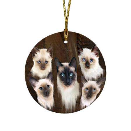 Rustic 5 Siamese Cat Round Flat Christmas Ornament RFPOR54139