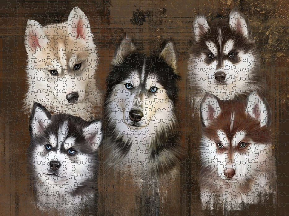 Rustic 5 Siberian Huskies Dog Puzzle with Photo Tin PUZL48408