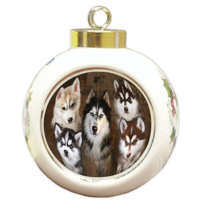 Rustic 5 Siberian Huskies Dog Round Ball Christmas Ornament RBPOR48185