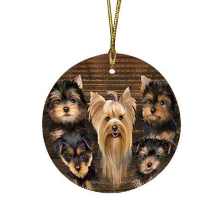 Rustic 5 Yorkshire Terriers Dog Round Flat Christmas Ornament RFPOR50281