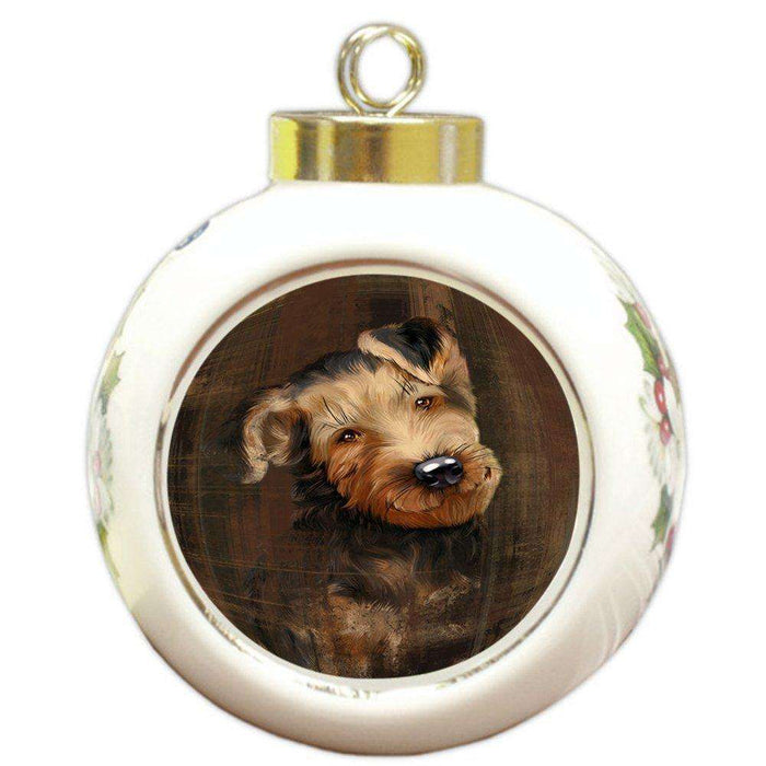 Rustic Airedale Dog Round Ball Christmas Ornament RBPOR48193