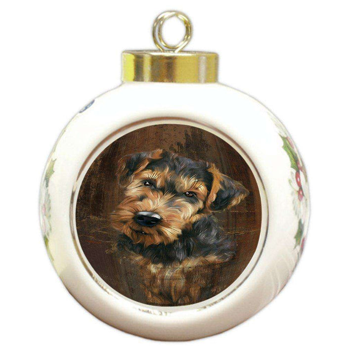 Rustic Airedale Dog Round Ball Christmas Ornament RBPOR48196