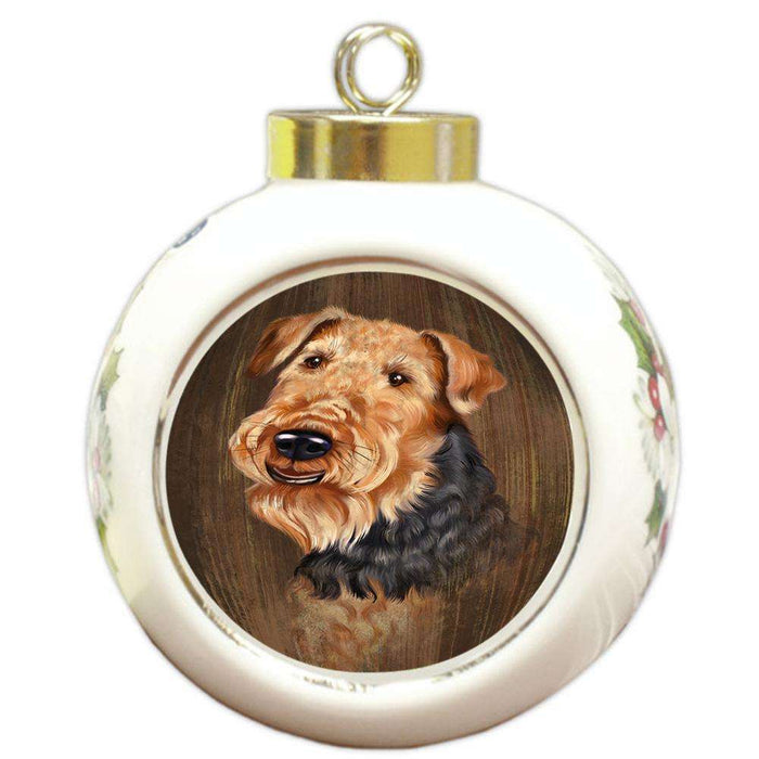 Rustic Airedale Terrier Dog Round Ball Christmas Ornament RBPOR50513