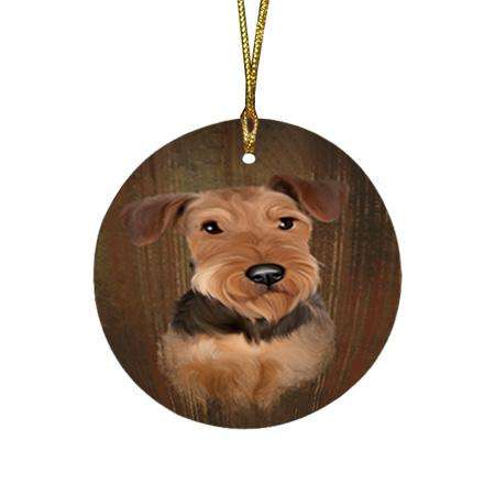 Rustic Airedale Terrier Dog Round Flat Christmas Ornament RFPOR50503