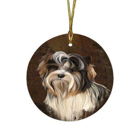 Rustic Biewer Terrier Dog Round Flat Christmas Ornament RFPOR54404