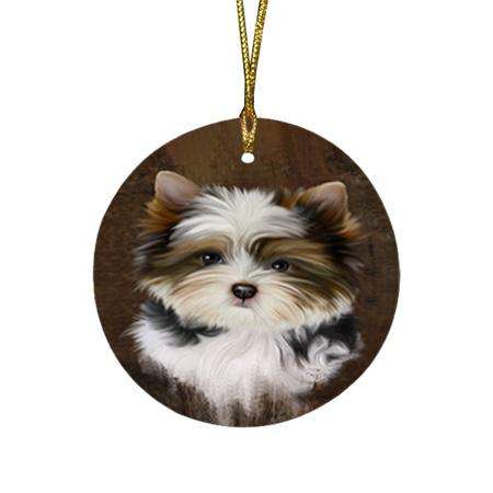 Rustic Biewer Terrier Dog Round Flat Christmas Ornament RFPOR54405