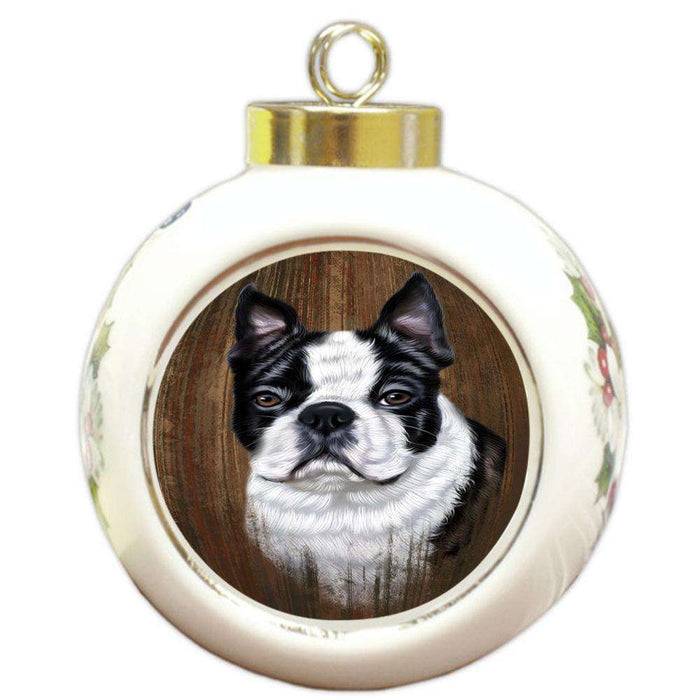 Rustic Boston Terrier Dog Round Ball Christmas Ornament RBPOR50347
