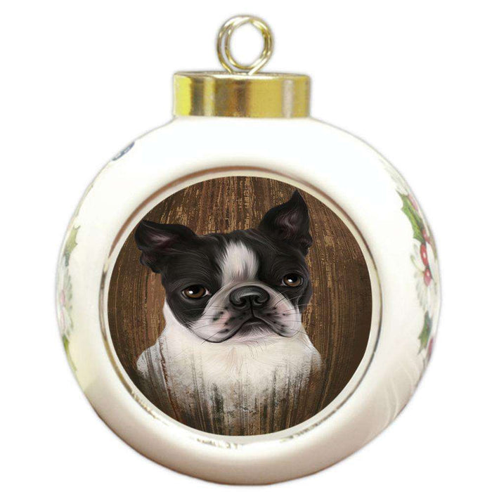 Rustic Boston Terrier Dog Round Ball Christmas Ornament RBPOR50529