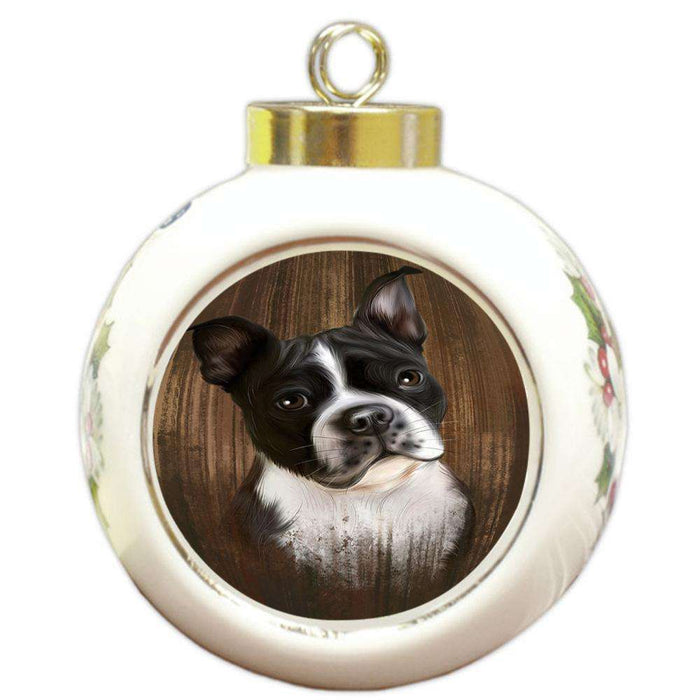 Rustic Boston Terrier Dog Round Ball Christmas Ornament RBPOR50530