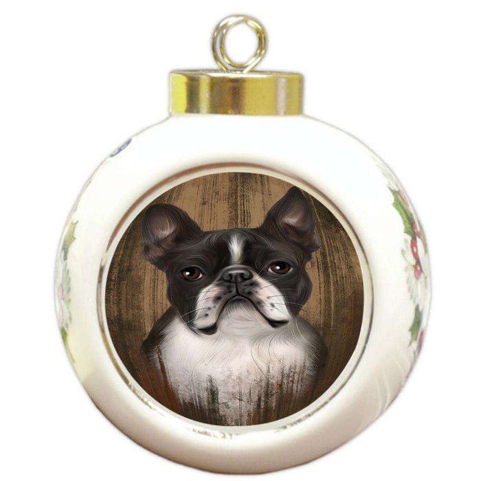 Rustic Boston Terrier Dog Round Ball Christmas Ornament RBPOR50531