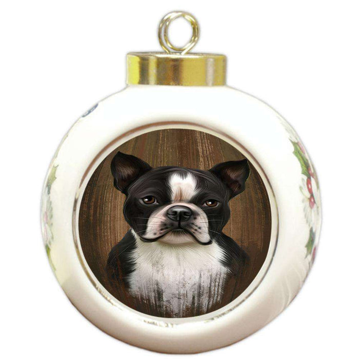 Rustic Boston Terrier Dog Round Ball Christmas Ornament RBPOR50532