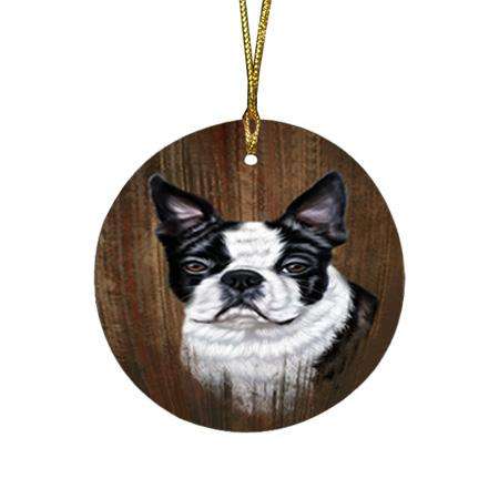 Rustic Boston Terrier Dog Round Flat Christmas Ornament RFPOR50338