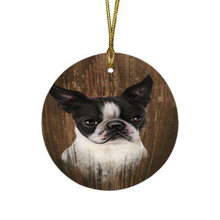 Rustic Boston Terrier Dog Round Flat Christmas Ornament RFPOR50520
