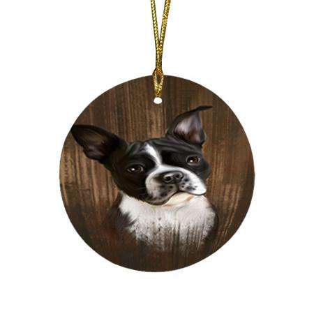 Rustic Boston Terrier Dog Round Flat Christmas Ornament RFPOR50521