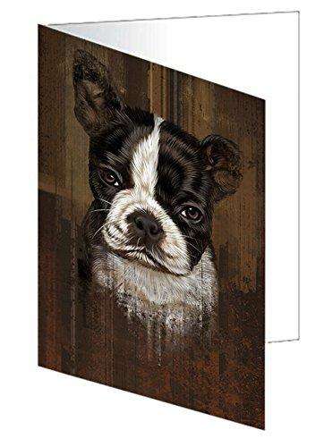 Rustic Boston Terrier Puppy Handmade Artwork Assorted Pets Greeting Cards and Note Cards with Envelopes for All Occasions and Holiday Seasons GCD49211