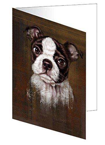 Rustic Boston Terrier Puppy Handmade Artwork Assorted Pets Greeting Cards and Note Cards with Envelopes for All Occasions and Holiday Seasons GCD49214