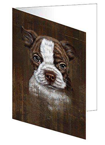 Rustic Boston Terrier Puppy Handmade Artwork Assorted Pets Greeting Cards and Note Cards with Envelopes for All Occasions and Holiday Seasons GCD49217