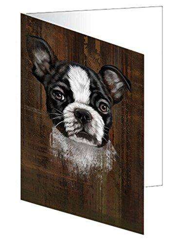 Rustic Boston Terrier Puppy Handmade Artwork Assorted Pets Greeting Cards and Note Cards with Envelopes for All Occasions and Holiday Seasons GCD49220