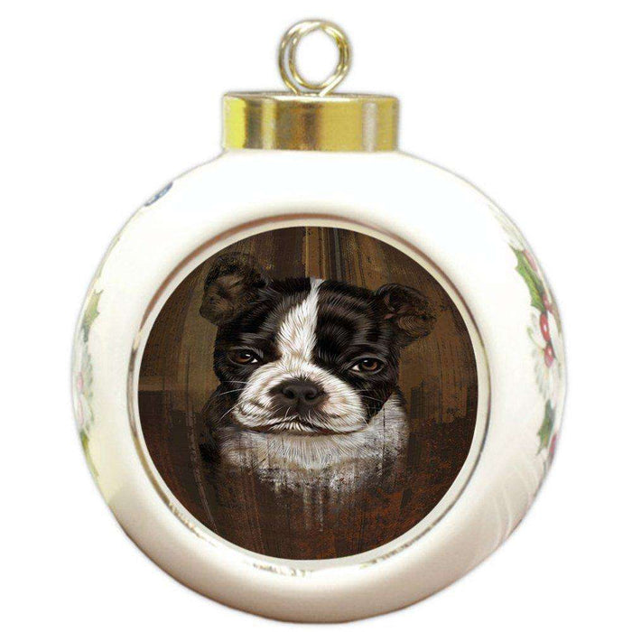 Rustic Boston Terrier Puppy Round Ball Christmas Ornament RBPOR48210