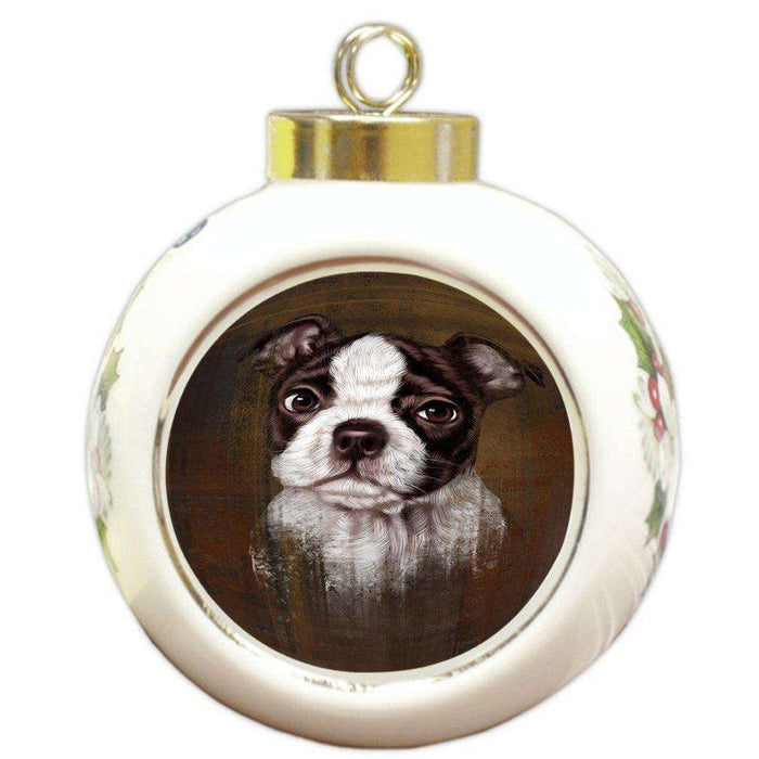 Rustic Boston Terrier Puppy Round Ball Christmas Ornament RBPOR48211
