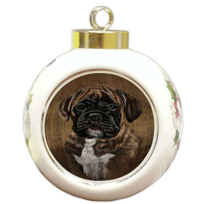 Rustic Boxer Dog Round Ball Christmas Ornament RBPOR50352