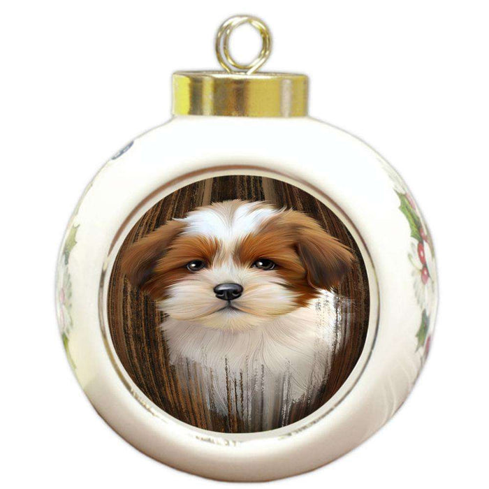 Rustic Lhasa Apso Dog Round Ball Christmas Ornament RBPOR50429