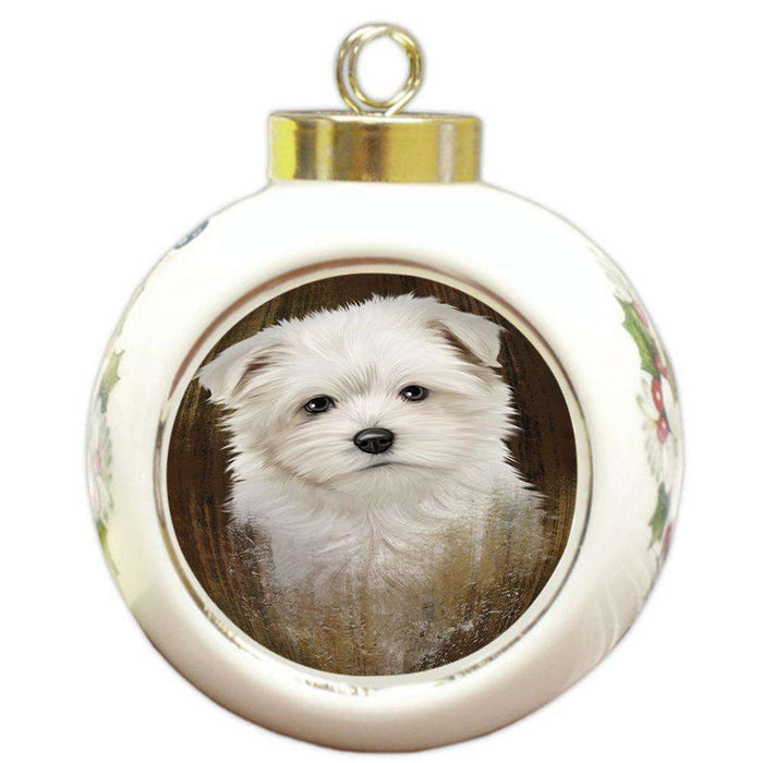 Rustic Maltese Dog Round Ball Christmas Ornament RBPOR50434