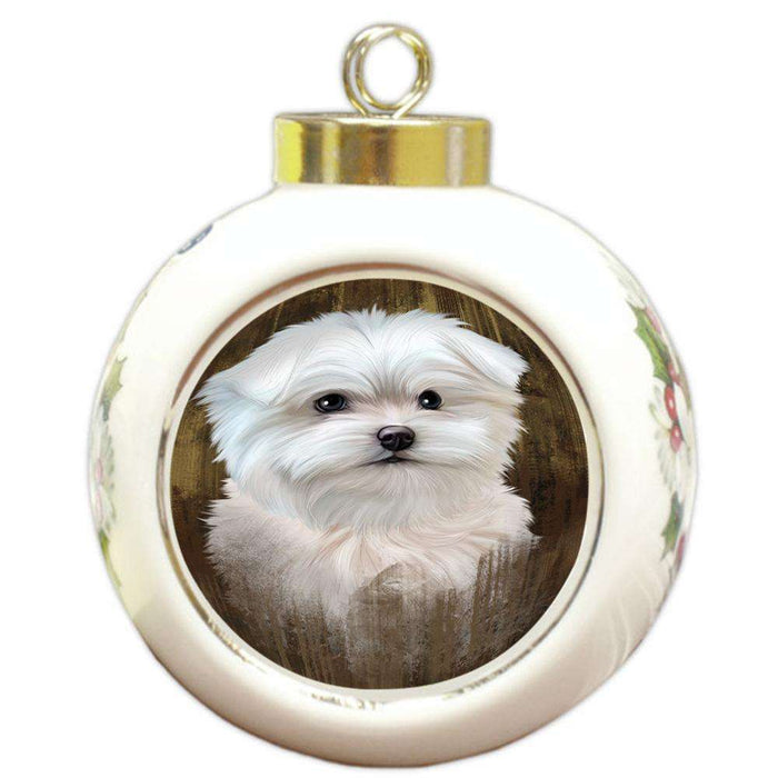 Rustic Maltese Dog Round Ball Christmas Ornament RBPOR50435