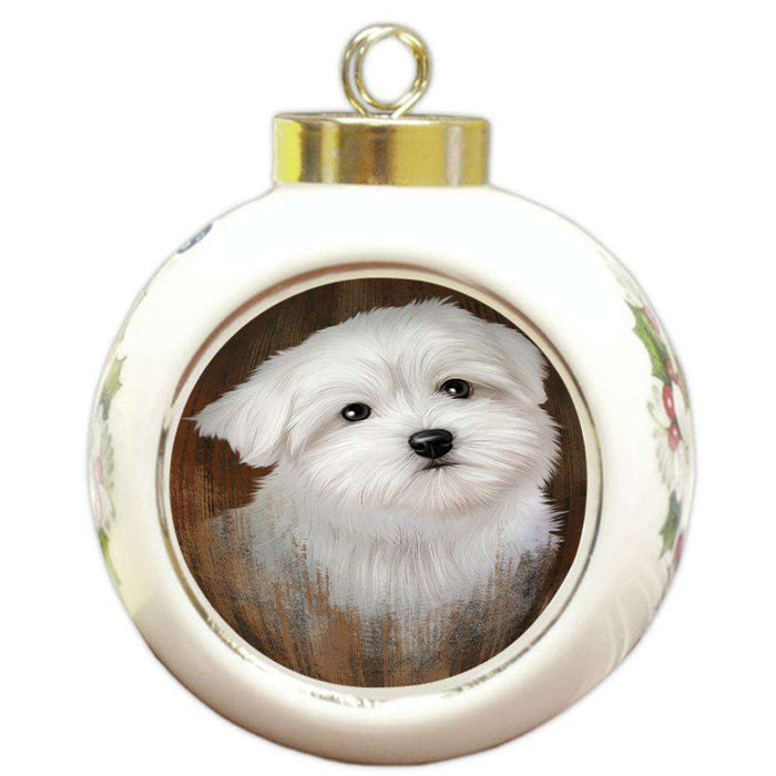 Rustic Maltese Dog Round Ball Christmas Ornament RBPOR50436