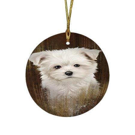 Rustic Maltese Dog Round Flat Christmas Ornament RFPOR50425