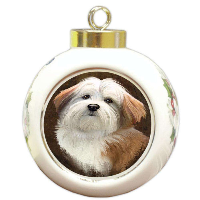 Rustic Malti Tzu Dog Round Ball Christmas Ornament RBPOR54455