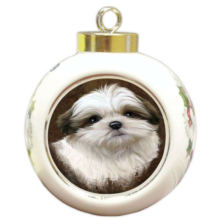 Rustic Malti Tzu Dog Round Ball Christmas Ornament RBPOR54456