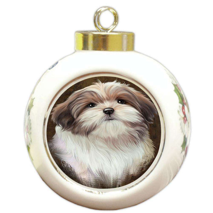Rustic Malti Tzu Dog Round Ball Christmas Ornament RBPOR54458